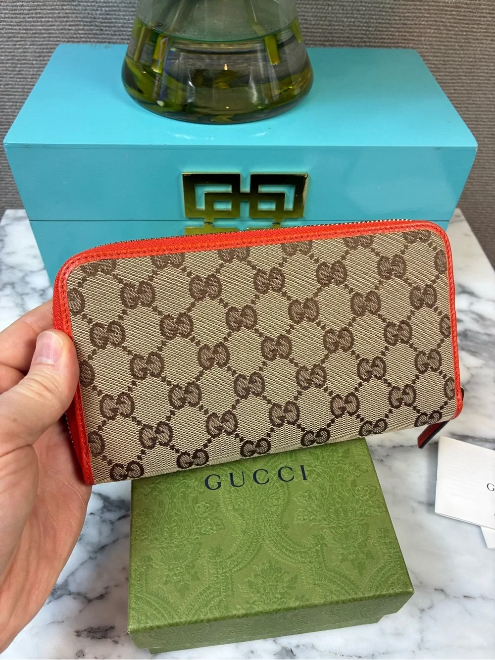 Gucci GG Beige Canvas & Orange Leather Zip-Around Wallet - NWOT Brand New w/ box - Picture 7 of 13
